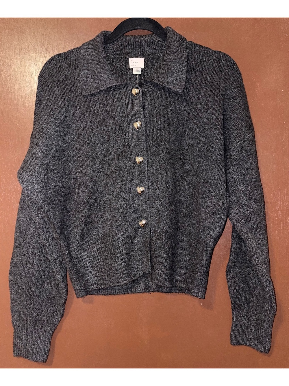 A New Day Long Sleeve Heart Button Cardigan Sweater (Charcoal Heather - Medium) - Picture 4 of 11